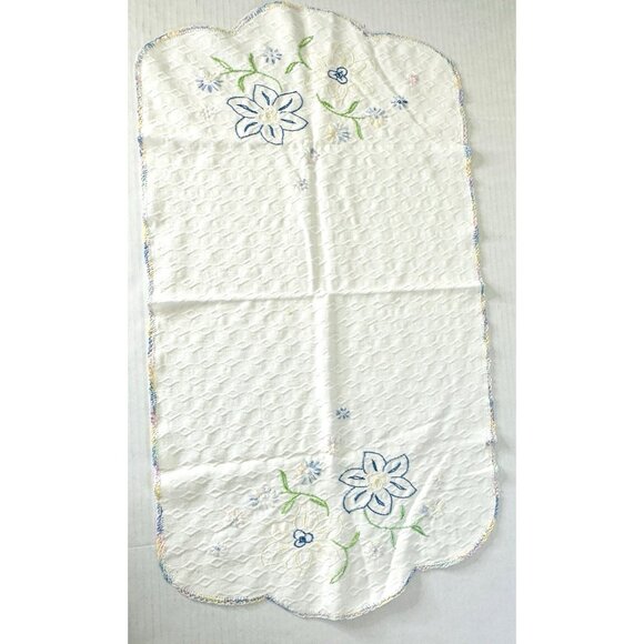Vintage Embroidered Dresser Scarf Floral Crochet Edge 30x16” Cottage Granny Core - Picture 1 of 10